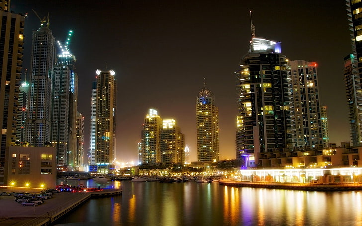 високи сгради, Дубай, море, плаж, сгради, небостъргачи, нощ, HD тапет