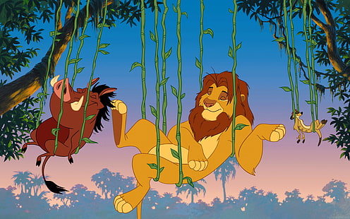 Il re leone che si rilassa su un albero Pumbaa Simba e immagine di Timon per desktop 3840 × 2400, Sfondo HD HD wallpaper
