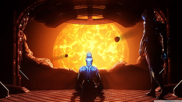 dua orang berdiri di depan wallpaper digital matahari, Warframe, Nova (Warframe), Sun, Mag (Warframe), Wallpaper HD