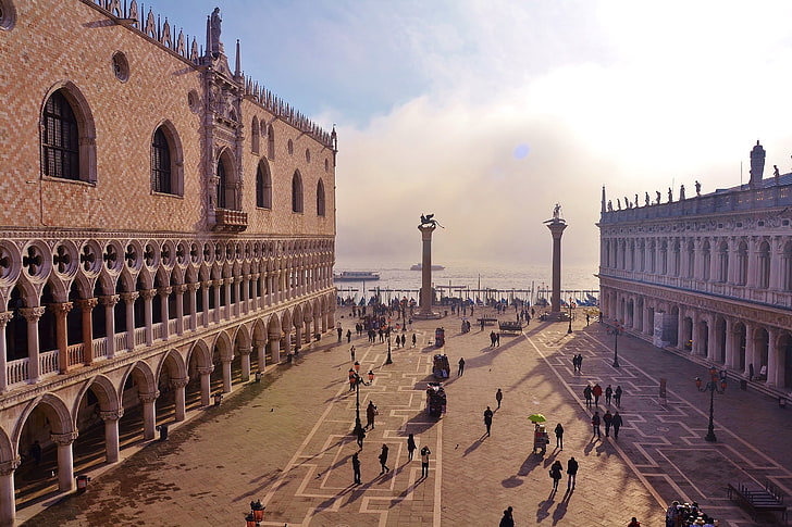 Италия, Венеция, колонна, Дворец Дожей, Пьяццетта, Венецианский лев, Лев Святого Марка, HD обои