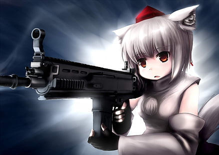 аниме, аниме момичета, пистолет, Touhou, животински уши, Inubashiri Momiji, Okamimimi, HD тапет HD wallpaper