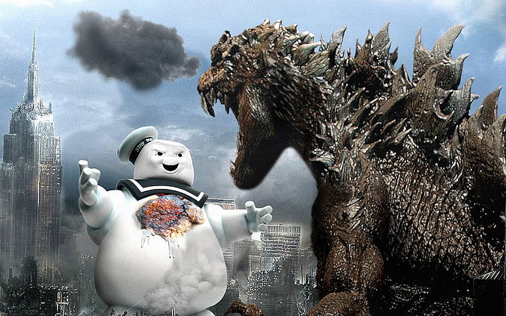 Godzilla vs Pillsbury Tapete, Godzilla, Aufenthalt Puft Marshmallow Man, New York City, HD-Hintergrundbild