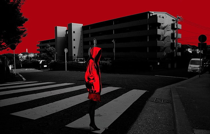 pessoa vestindo papel de parede digital de jaqueta com capuz vermelha, arte de rua, HD papel de parede