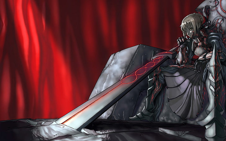 mujer de cabello gris con espada papel tapiz digital de personaje de anime, serie Fate, Sabre, oscuro, Saber Alter, armadura, espada, Fondo de pantalla HD