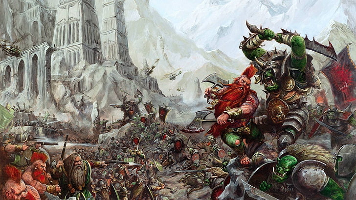 Warhammer dwarfs illustration, Warhammer, война, орки, битва, HD обои