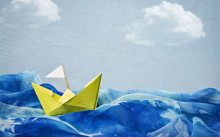Paper boat on fabric waves, white paper boat, artistic, 1920x1200, wave, fabric, paper, boat, HD wallpaper