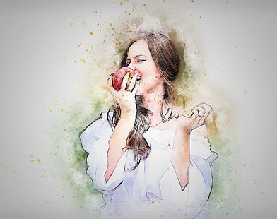 compendio, mela, arte, artistico, bellezza, piano, emozione, ragazza, vintage, donna, donna che mangia mela, Sfondo HD HD wallpaper