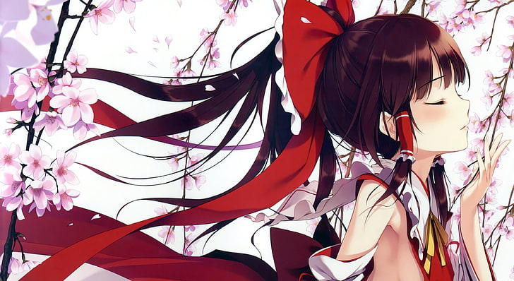 braune behaarte weibliche Animeillustration, Anime-Mädchen, langes Haar, Haarschmuck, Kirschblüte, Hakurei Reimu, Touhou, HD-Hintergrundbild