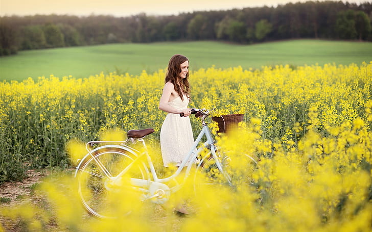 Smile girl, joy, bike, yellow flowers, field, Smile, Girl, Joy, Bike, Yellow, Flowers, Field, HD wallpaper