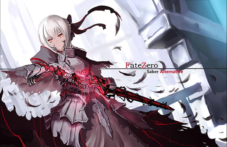 Fate Zero Saber Alternative fond d'écran, anime, série Fate, Fate / Zero, Saber Alter, cheveux argentés, armure, épée, rubans noirs, yeux rouges, Fond d'écran HD