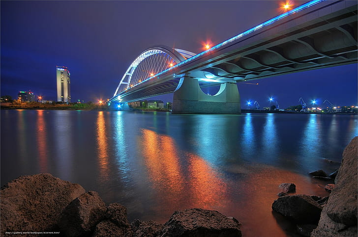 architecture, Bratislava, Slovakia, bridge, night, lights, stones, river, Donau, neon, long exposure, reflection, HD wallpaper