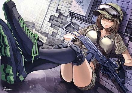 anime, anime girls, arme, pistolet, cheveux courts, chapeau, uniforme, Fond d'écran HD HD wallpaper
