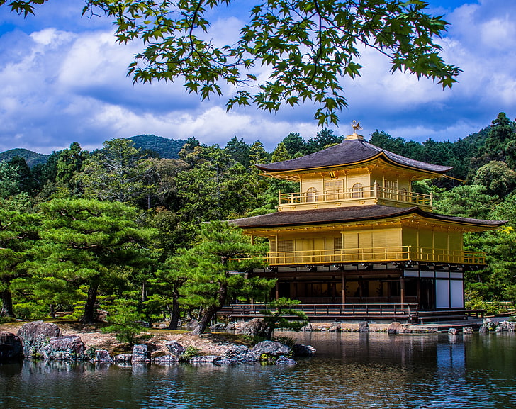 Tempio d'oro, pagoda gialla e marrone, Natura, Laghi, Alberi, Lago, Foresta, Giappone, Golden, Tempio, Kinkaku-ji, Sfondo HD