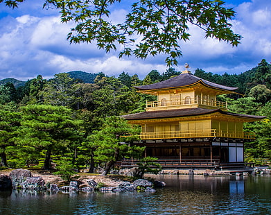 黄金寺院、黄色と茶色の塔、自然、湖、木、湖、森林、日本、黄金、寺院、金閣寺、 HDデスクトップの壁紙 HD wallpaper