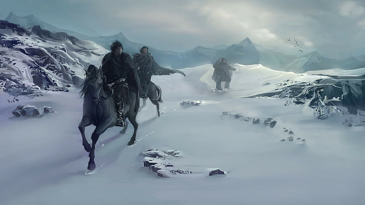 três homens andando a cavalo correndo no campo de neve, Game of Thrones, A Song of Ice and Fire, dragão, temporada 5, Melhor série de TV de 2015, fantasia, Jon Snow, HD papel de parede