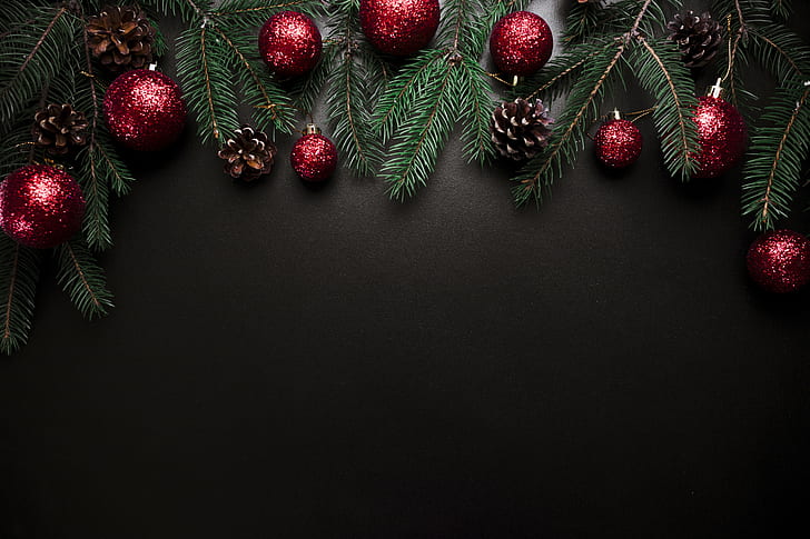 топки, дърво, Нова година, Коледа, украса, Весела, ела, клони на ела, HD тапет