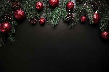 bola, pohon, Tahun Baru, Natal, dekorasi, Merry, pohon cemara, cabang-cabang pohon cemara, Wallpaper HD HD wallpaper