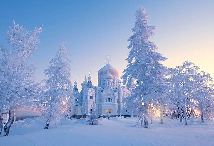 winter, snow, trees, morning, the snow, temple, Russia, Perm Krai, White mountain, Belogorsky Nicholas monastery, Holy cross Cathedral, Светлана Краюшкина, HD wallpaper