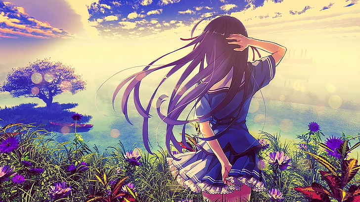 Deep Blue Sky and Pure White Wings, long hair, Koga Sayoko, plants, anime, HD wallpaper