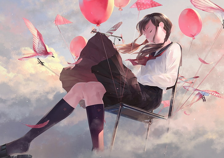 anime girl, mundurek szkolny, krzesło, siedzisko, gigant, balony, ptaki, Anime, Tapety HD