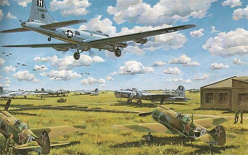 空、雲、戦争、戦闘機、ボーイング、爆撃機、アート、飛行場、ショップ、アメリカ人、B-17G、四発、ソビエト、ピストン、単発、フライングフォートレス、ラボーチキン、La-5、ポルタヴァ、 HDデスクトップの壁紙 HD wallpaper