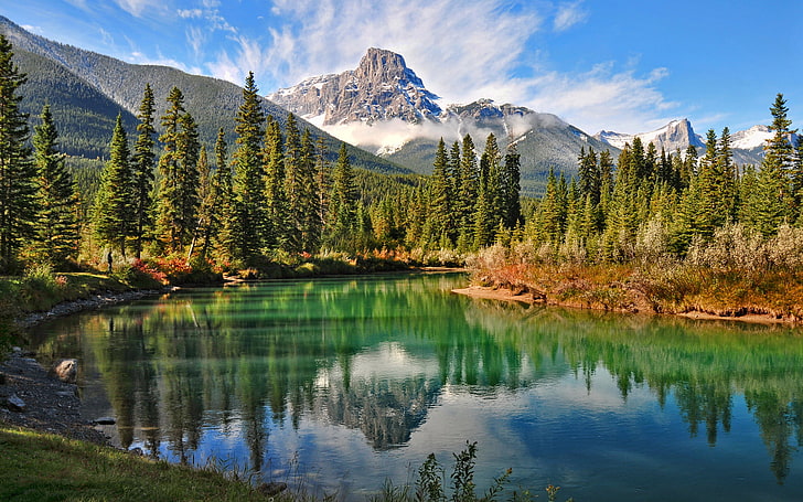 Canmore Rocky Mountains, green leafed trees, Nature, Scenery, tree, water, green, lake, mountain, forest, HD wallpaper