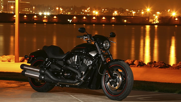 black cruiser motorcycle, night, the city, lights, river, bike, Harley-Davidson, HD wallpaper