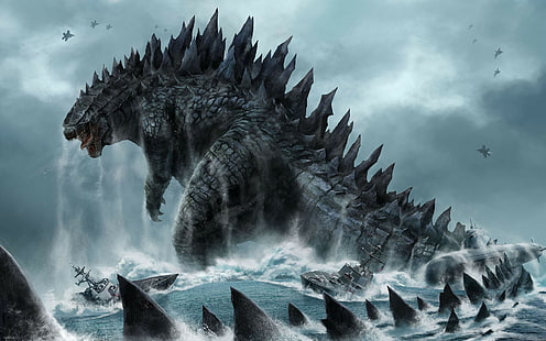 годзилла, фоны монстров, динозавр, подводная лодка, хвост, HD обои HD wallpaper