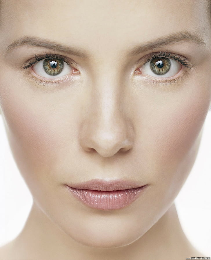Kate Beckinsale, closeup, face, pink lipstick, gray eyes, HD wallpaper