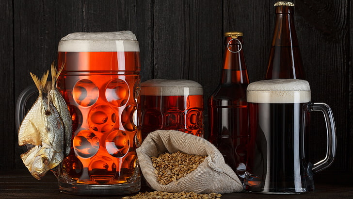 beer, jar, drink, alcoholic beverage, beer glass, mug, beer bottle, pint glass, bottle, still life, HD wallpaper