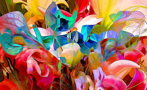 multicolored abstract painting, leaves, line, flowers, paint, petals, garden, flowerbed, HD wallpaper HD wallpaper