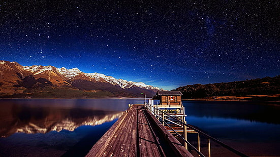 桟橋、星、歩道橋、ニュージーランド、ワカティプ湖、星空、星空、山の風景、山脈、キャビン、空、山、写真、地平線、雰囲気、湖、夜、水、自然、反射、 HDデスクトップの壁紙 HD wallpaper