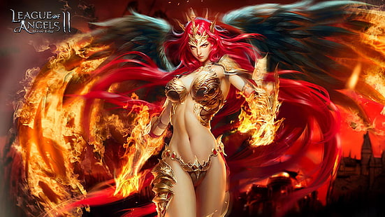 League of Angels 2 characters Mikaela Angel girl Skill magic red long hair magic fire art HD Wallpaper 3840×2160, HD wallpaper HD wallpaper