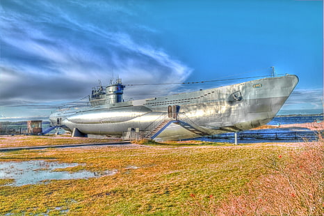 wojsko, chmury, trawa, pomniki, niebo, łodzie podwodne, typ, u-995, vii-c, Tapety HD HD wallpaper