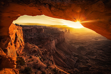 скальные образования во время золотого часа, скалы, ландшафт, пещера, солнечные лучи, каньон, HD обои HD wallpaper
