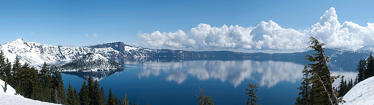 white cumulus clouds, landscape, lake, crater lake, clouds, reflection, multiple display, snow, dual monitors, HD wallpaper