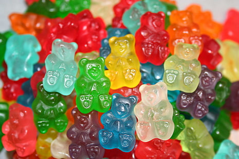 жевательные конфеты разных цветов, разноцветные, сладости, липкие медведи, глубина резкости, еда, желе, HD обои HD wallpaper