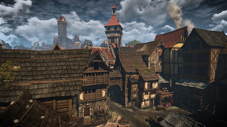 houses in town wallpaper, The Witcher 3: Wild Hunt, Novigrad, video games, The Witcher, fantasy town, fantasy city, HD wallpaper