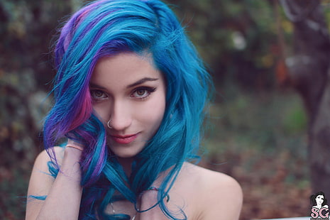 woman's blue and purple hair, woman with blue and pink hair, dyed hair, Fay Suicide, Suicide Girls, model, blue hair, women, pierced nose, looking at viewer, bare shoulders, HD wallpaper HD wallpaper