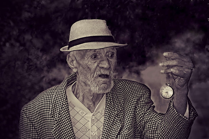 black and white, clock, elderly, man, old, person, pocket watch, portrait, time, watch, HD wallpaper