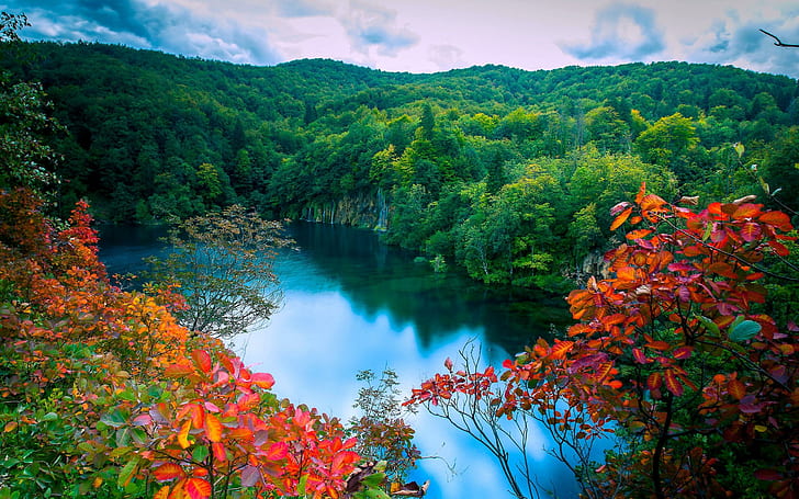 Jesienny las Jezioro Drzewa Wodospady Krajobraz, jeziora, jesień, las, jezioro, krajobraz, drzewa, wodospady, Tapety HD
