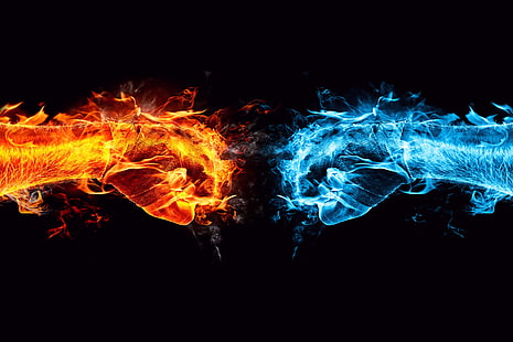 огонь и ледяная иллюстрация кулака, пламя, лед, столкновение, конфликт, лед против пламени, HD обои HD wallpaper