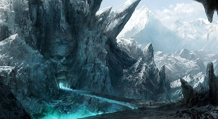 mountain with bridge digital wallpaper, cave, ice, mountains, magic, bridge, skull, fantasy art, HD wallpaper