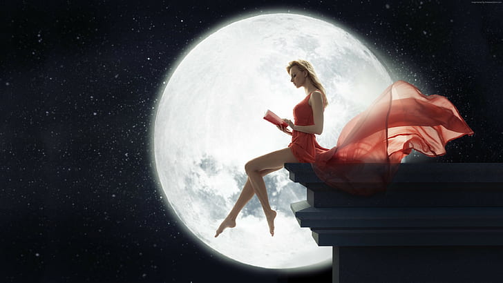 فتاة ، قمر ، كتاب ، أحمر ، فستان ، ليل ، صور 4K، خلفية HD
