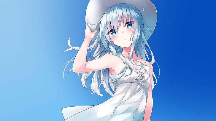 anime, gadis anime, topi, rambut panjang, rambut biru, mata biru, Wallpaper HD