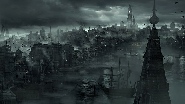городской пейзаж, темно, монохромный, фэнтезийный город, корабль, фэнтези арт, ночь, HD обои