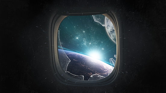 finestra dell'aereo rotto con carta da parati grafica dell'universo, arte dello spazio, vetro rotto, finestra, incandescente, Sfondo HD HD wallpaper