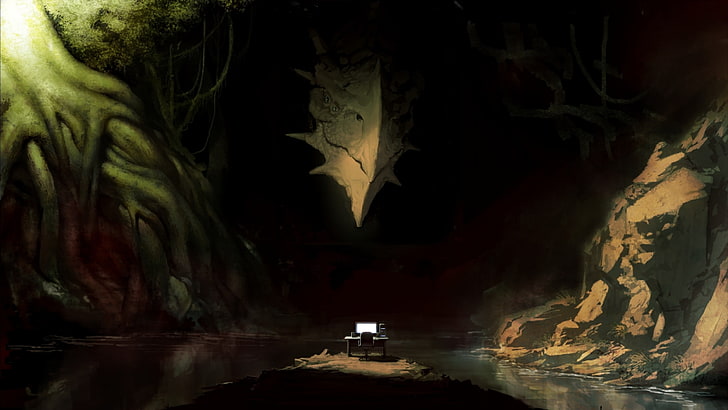 серая и черная карета около дерева и холма цифровые обои, произведение искусства, цифровое искусство, дракон, пещера, компьютер, HD обои