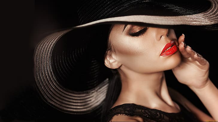 makeup, chic, in the hat, beautiful face, fashionista, a charming woman, HD wallpaper