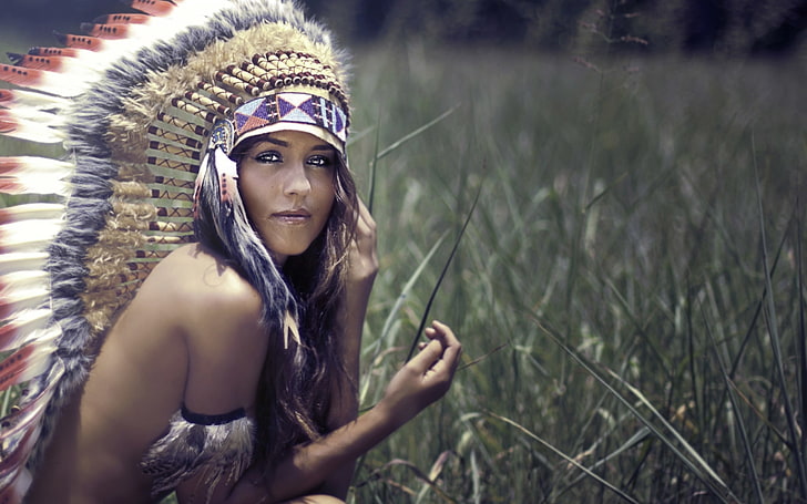 امرأة سمراء، غطاء الرأس، الهنود الحمر، تغطية استراتيجية، نساء، خلفية HD
